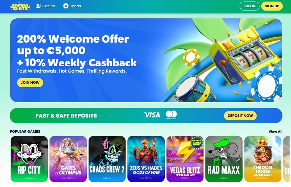 Samba Slots casino game layout with colourful visuals, highlighting daily rewards and top gameplay in Canada online casinos.